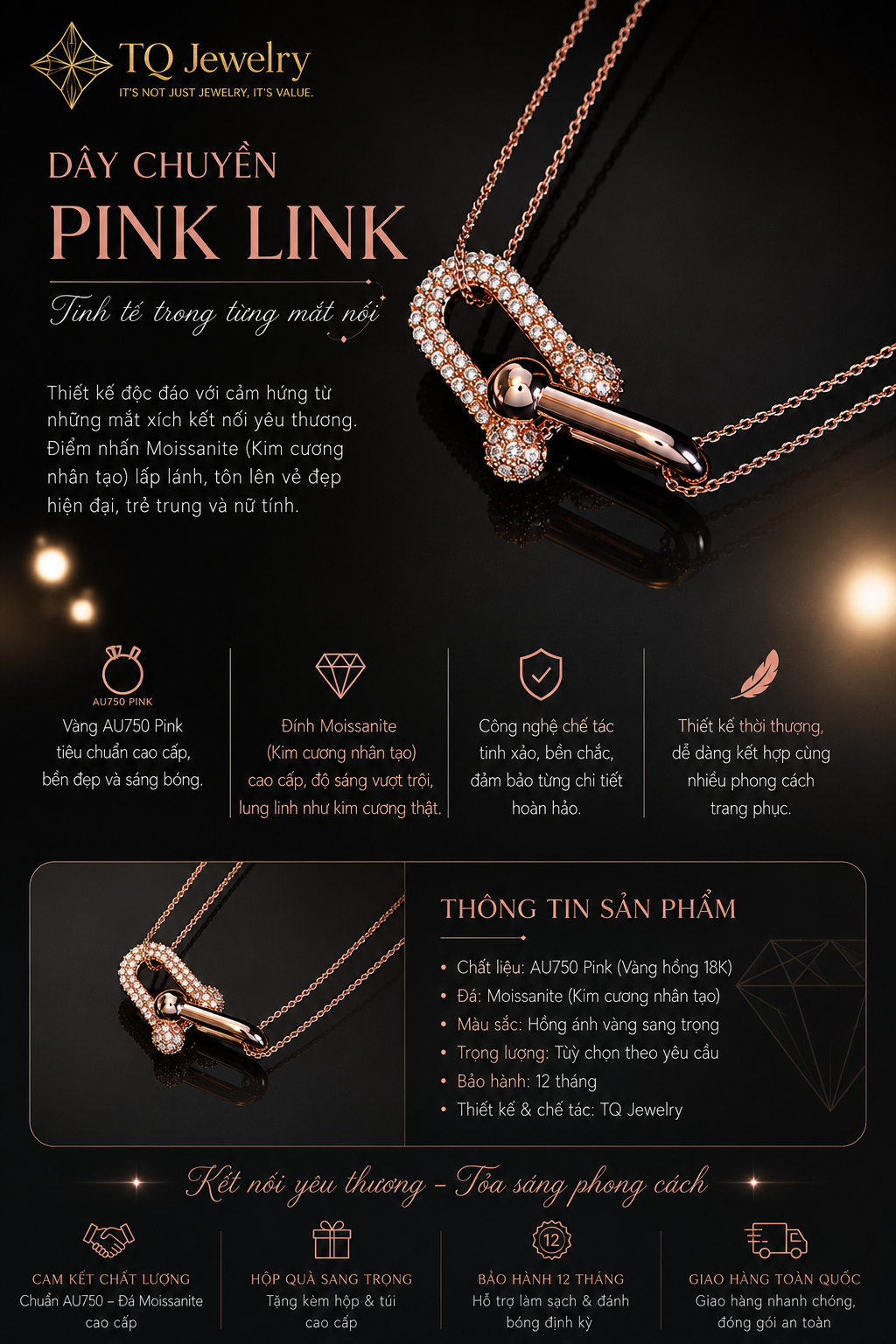 Dây đôi TQJD060626 AUP 750 Pink đính Moissanite (Kim cương nhân tạo)